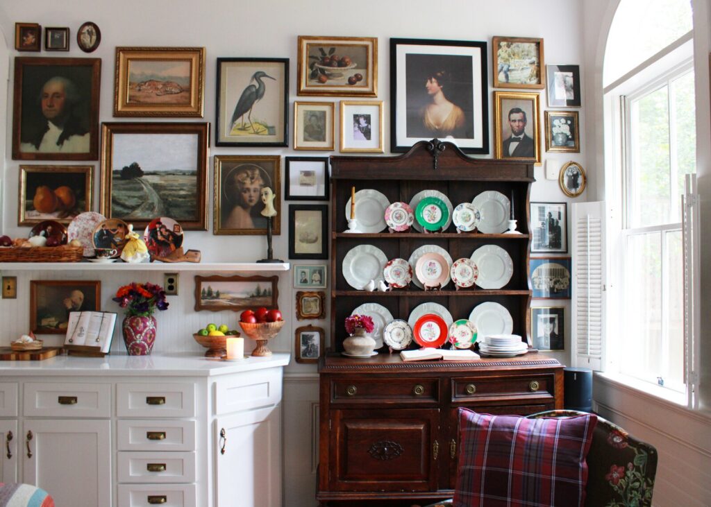 Gallery walls and the antique Welsh dresser in Erin Carlson’s kitchen