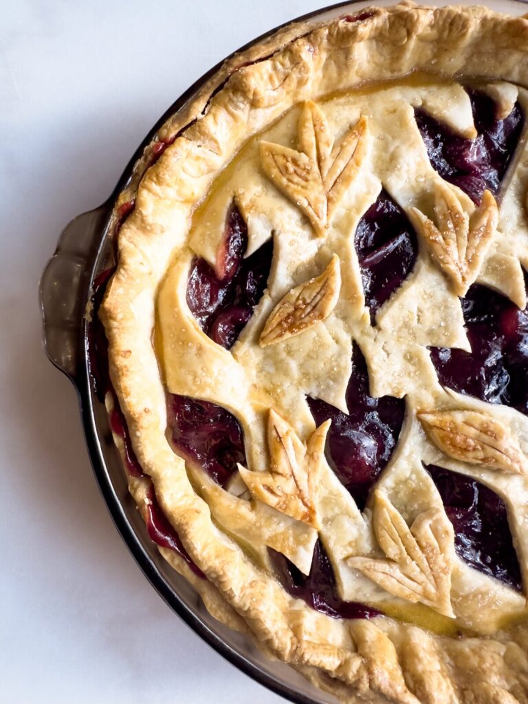 Muscadine hull pie with a leaf-and-vine crust