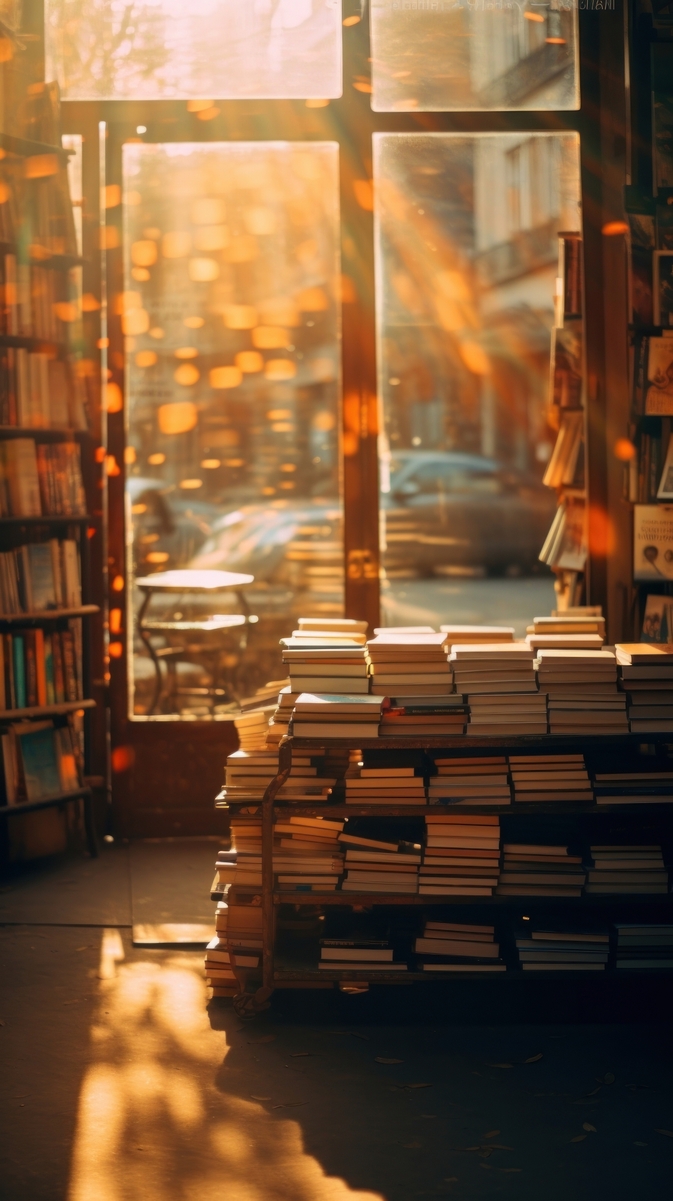 Stacks of books in a sunlit used-book shop