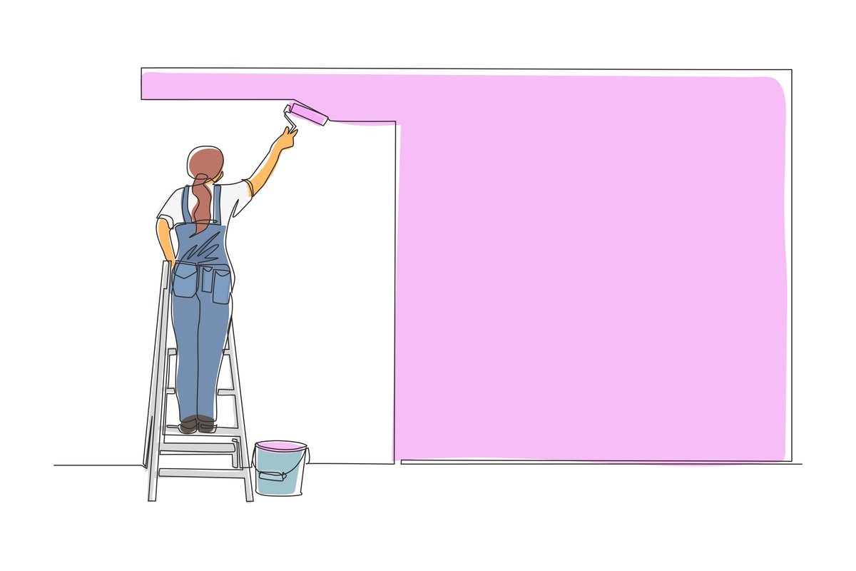 Line illustration of a woman on a ladder painting a bathroom wall