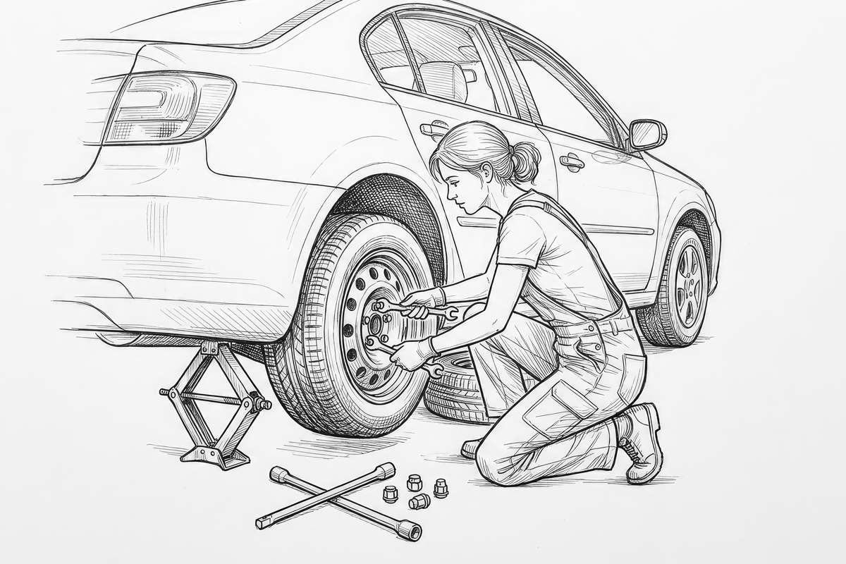 Pencil sketch of a woman changing a car tire